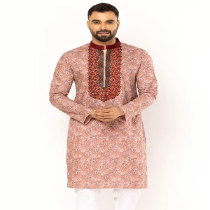 Light Brown Printed and Embroidered Viscose Slim Fit Panjabi
